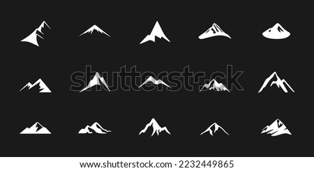 Mountain peaks silhouettes. Isolated rocky mountain. Mountain, rock, hill, peak logos. Vector stock illustration.