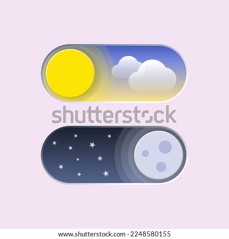 Day and night toggle button. Sun and moon, day night icon. On Off switcher.