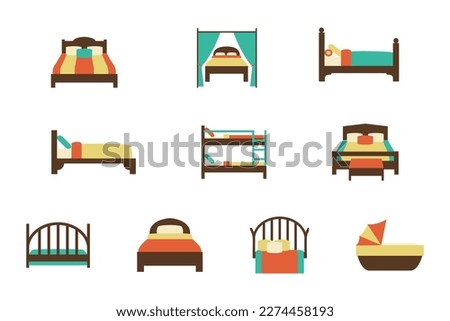 Various beds. Children's bed, double bed, single bed, bunk bed.