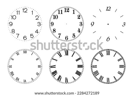 Set of clocks with roman numerals and numbers