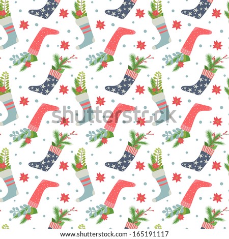 Christmas and New Year background with Christmas stockings. Seamless pattern for holiday design.