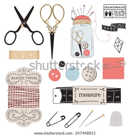 tailor's tools - scissors, measuring tape, thimble, etc.