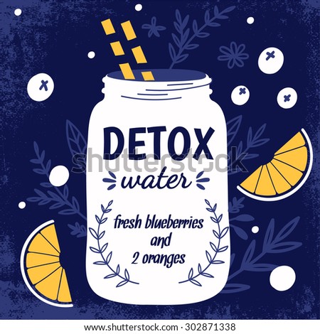 Detox fat flush water recipe. Decorative doodle style vector  illustration with mason jar and ingredients.