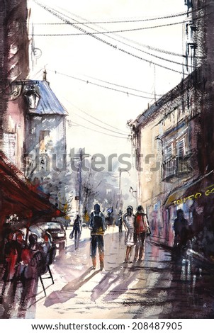 Water color painting with people standing and walking in an old city street with old buildings