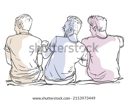 Three male friends laughing together, discussing, sitting backward on the ground, simple line art hand drawn vector color illustration ストックフォト © 