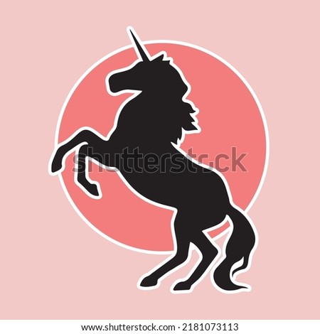 Black unicorn as sticker for web design. Dark horse with horn on the backdrop of orange circle as sticker for design websites, applications or social network communication. Romantic vector picture.