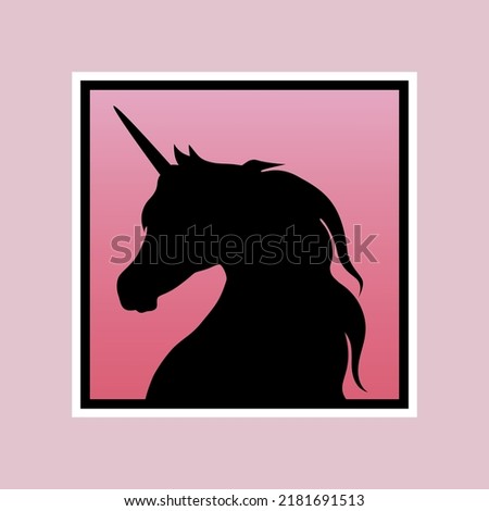 Black unicorn on the backdrop of sunset as sticker for web design. Romantic vector illustration. Dark horse with horn as sticker for design websites, applications, clothes, logos, icons or signs.