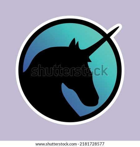 Black unicorn on the blue background as sticker for web design. Dark horse with horn as sticker for design websites, applications, clothes, accessories, logos, icons or signs.