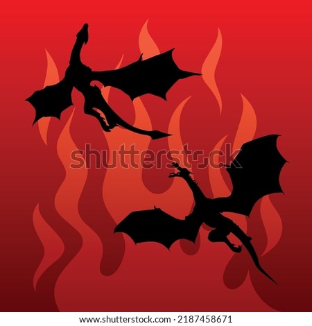 Black flying wyverns on the fire background as symbol of the house Targaryen. Poster of the black dragons on the backdrop of red fire for the series House of the Dragon - prequel Game of Thrones. 