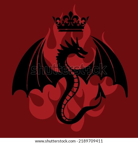 Black dragon with crown over his head as symbol of the house Targaryen. Poster of the black dragon on the backdrop of red fire for the series House of the Dragon - prequel Game of Thrones. 