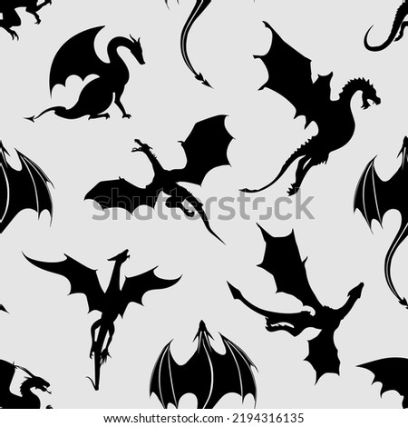 Seamless pattern made up of black dragons and wyverns on the white background. Endless repeating pattern for printing on package, wrappers, textile, envelopes, cards or cloth.