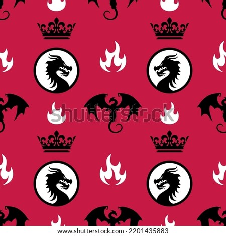 Seamless pattern made up of dragons, wyverns, crowns and fire on the red background. Endless repeating texture for printing on package, wrappers, envelopes, cards, fabric or gift paper. Gothic design.