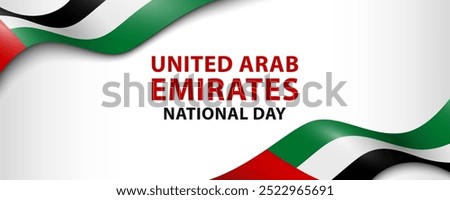 Text United Arab Emirates National Day and flags of UAE on white background, simple minimalist banner design.