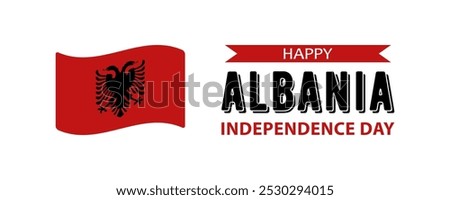 Albania Independence Day, simple minimalist web banner design. Text Happy Albania Independence Day and Albanian flag isolated on white background.