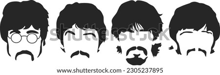 1960s famous pop band faces silhouette poster, black and white banner vector illustration design