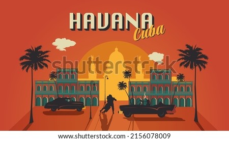 Havana Cuba skyline silhouette city retro style illustration.	