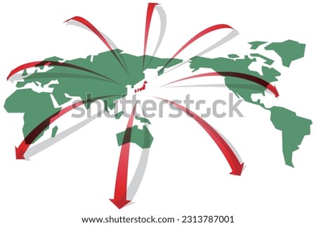 World map with arrows stretching from Japan to all directions vector illustration