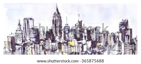 New York city panorama. Watercolor, ink graphic. Architecture