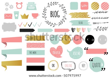 Blog design set with ribbons, stickers, logos, frames, borders and bottoms. Golden, blue, pink colors. Design elements for website, journal