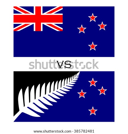 Flag with silver fern and four stars and flag with union jack. Vector illustration. Isolated on white.