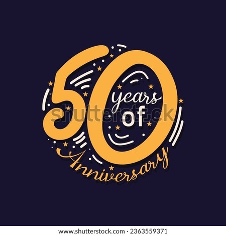 50 Years of Anniversary Logo, hand drawn lettering vector illustration with celebrating elements. 50 Th birthday  Vector Template Design.