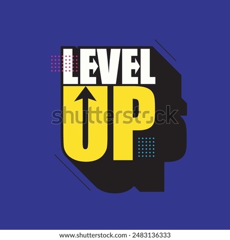 Level up modern typography logo design. Level up 3d text with arrow. Editable vector text for gaming template, banner, poster. Bold lettering on a blue background.