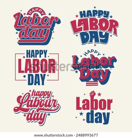 Labor day typography logo set with red and blue text and stars element in American flag concept. USA national holiday for labor or workers on September 2. Happy Labor day sticker, poster, banner.