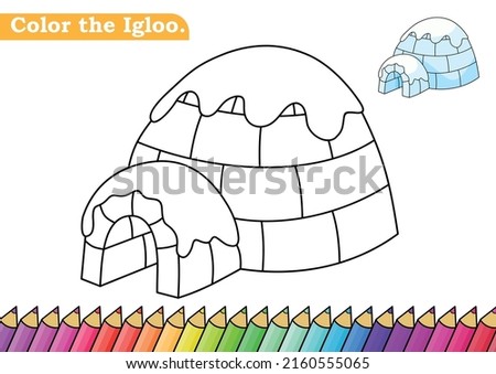 

Coloring page for Igloo vector illustration. 
Kindergarten children Coloring pages activity worksheet with cute Igloo cartoon. 
Igloo isolated on white background for color books.