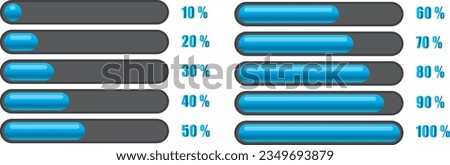 Progress indicator and data loading chart. Progress Bar Set of blue color from 10 to 100% Collection Icon Vector Illustration. System software update and upgrade concept.