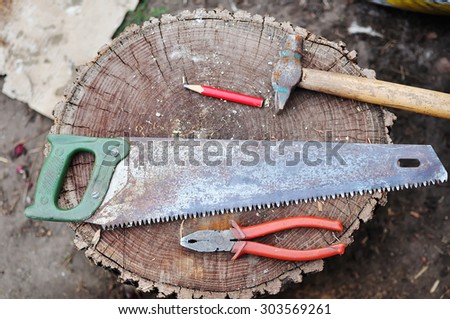 The old tool for work of the carpenter. The tool for work on a backyard.
