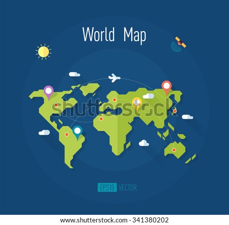 world map on blue background with marks ways pointers satellite airplane sun and clouds - vector illustration