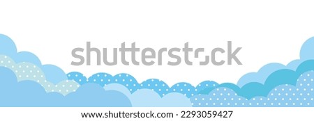 Refreshing light blue long horizontal frame banner background with fluffy cloud shape and polka dots. Space for text.