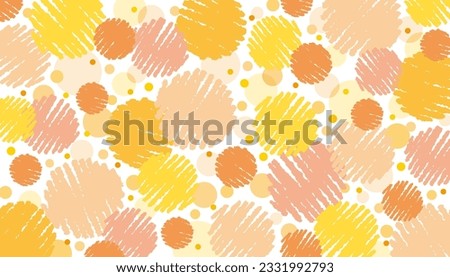 Cute orange and yellow hand-drawn crayon touch circles and polka dots background texture