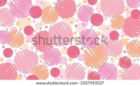 Cute pink hand-drawn crayon touch circles and polka dots background texture