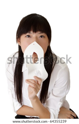 Mysterious Asian business woman with mask over white background.