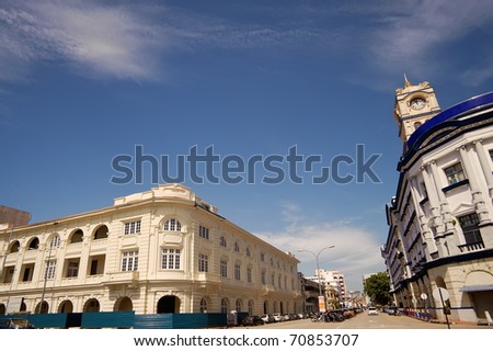 Cityscape of buildings under blue sky in Penang, Malaysia, Asia.