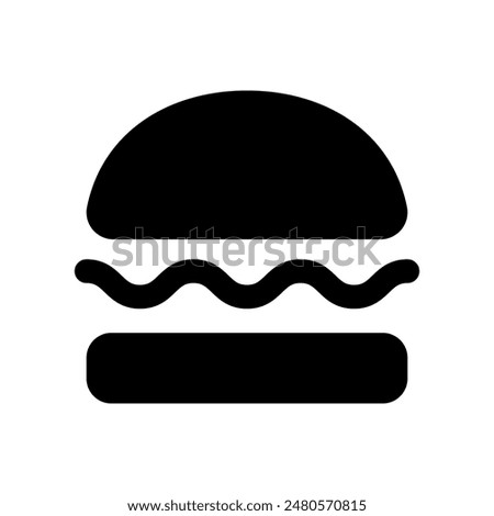 Illustration showing a black burger icon on a white background. Fast food