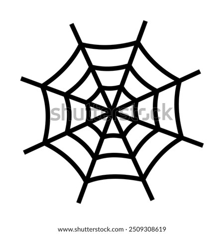 An illustration showing a black spider web icon on a white background. Halloween holiday