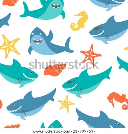 Sharks seamless pattern. Ocean wildlife, flora and fauna. Seahorse, shell vector texture. Smiling animals textile, wallpaper, wrapping paper design