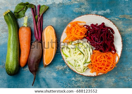 Similar – Image, Stock Photo Raw beetroot noodles or beet spaghetti salad