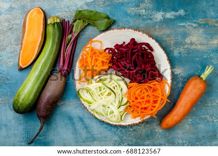 Similar – Image, Stock Photo Raw beetroot noodles or beet spaghetti salad