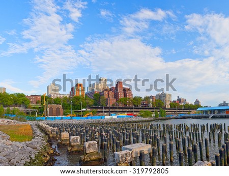 Brooklyn New York docks and buildings in Dumbo neighborhood on a beautiful summer afternoon