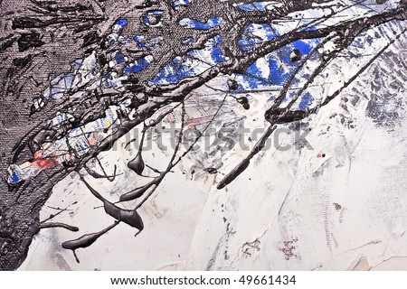 Abstract art textured background, closeup fragment from a colorful oil and mix media painting on canvas in blue  white and black tones