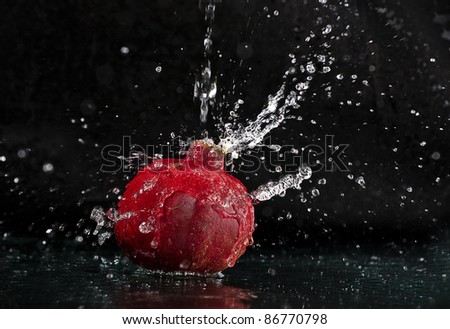 Dynamic colorful shot of pomegranate water splash on black background