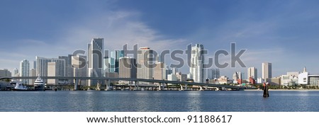 Miami Florida panorama of downtown residential and office buildings and hotels, with Biscayne bay waters and blue sky on a beautiful sunny day. Famous travel location.