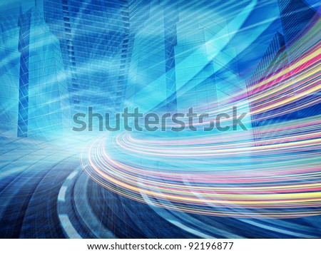 Abstract Illustration of an urban highway going to the modern city downtown, speed motion with colorful light trails. City image is Miami Florida from one of my photos. Copy-space.