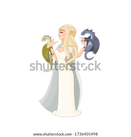 Daenerys Targaryen TV series hero with two cute cartoon dragons on her hand and in a white dress with a cloak Song of Ice and Fire Game of Thrones Emilia Clarke vector cartoon beauty blond lady eps 10