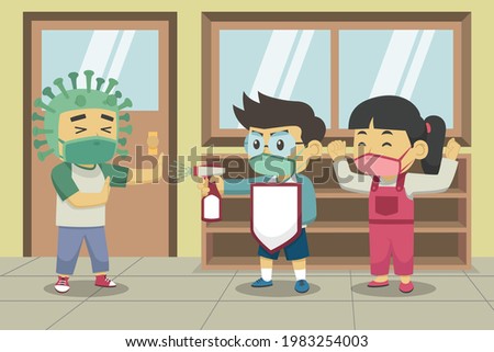 Children's Doing a Drama Show About Fighting Covid-19 in The School Hallway. Children Book. Vector Illustration.