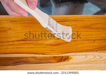 Paint brush, varnish, wood work lacquer paint brush close up The concept of carpentry detailing work with carpentry and handyman. wood preservative Foto stock © 