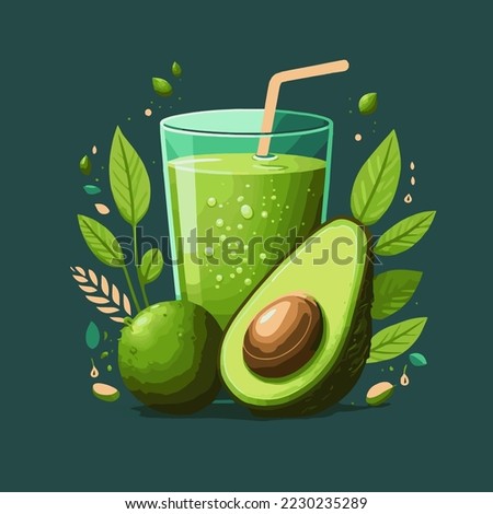 Avocado,  smoothie. Vegetables and fruit, Glass smoothie mug with green liquid. Food and drinks isolated. For menu for healthy eating. Fresh energetic drink. Green smoothie recipe. 